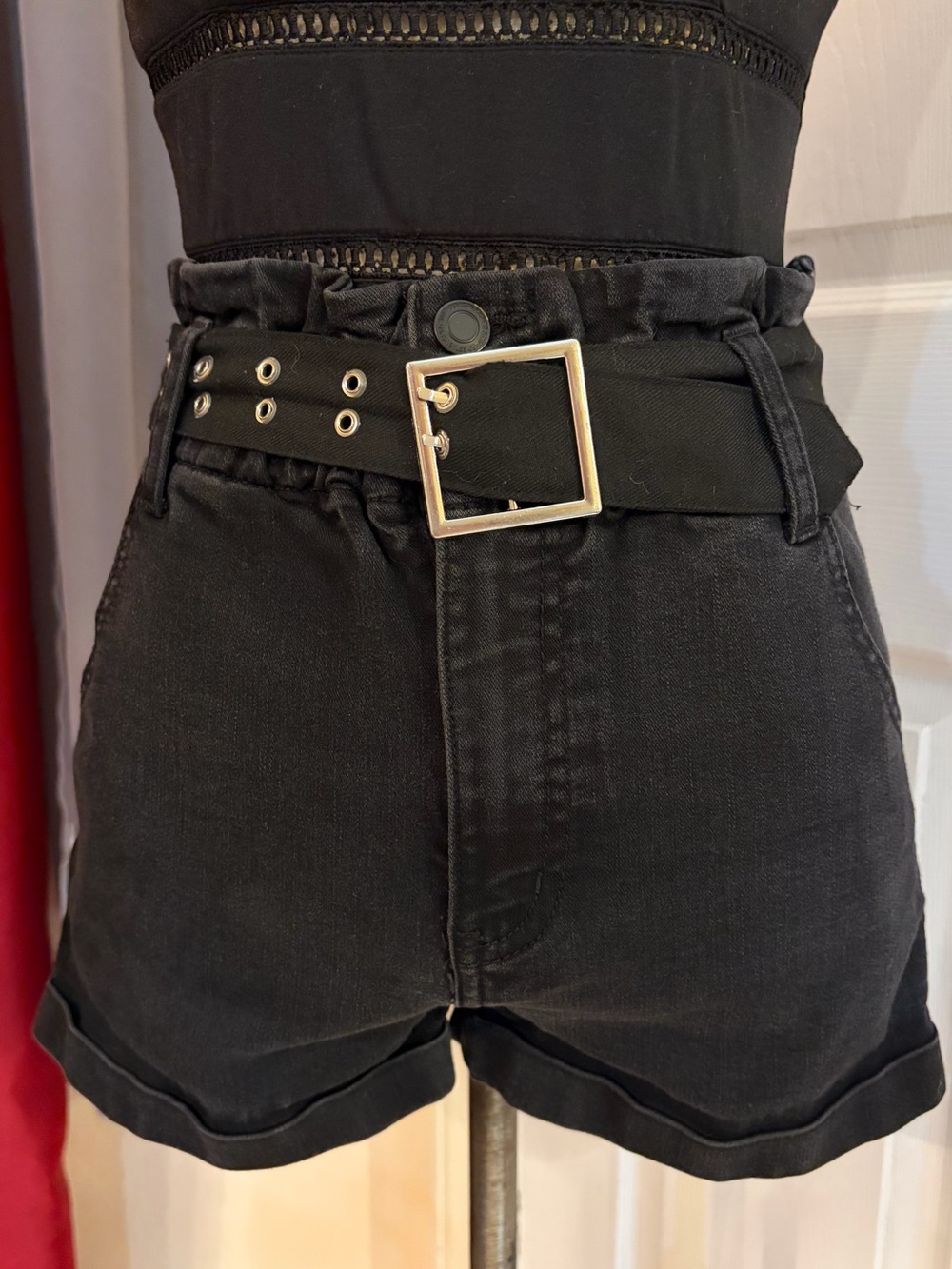 SO Black Relaxed Mom High Waist Paperbag Denim Shorts
